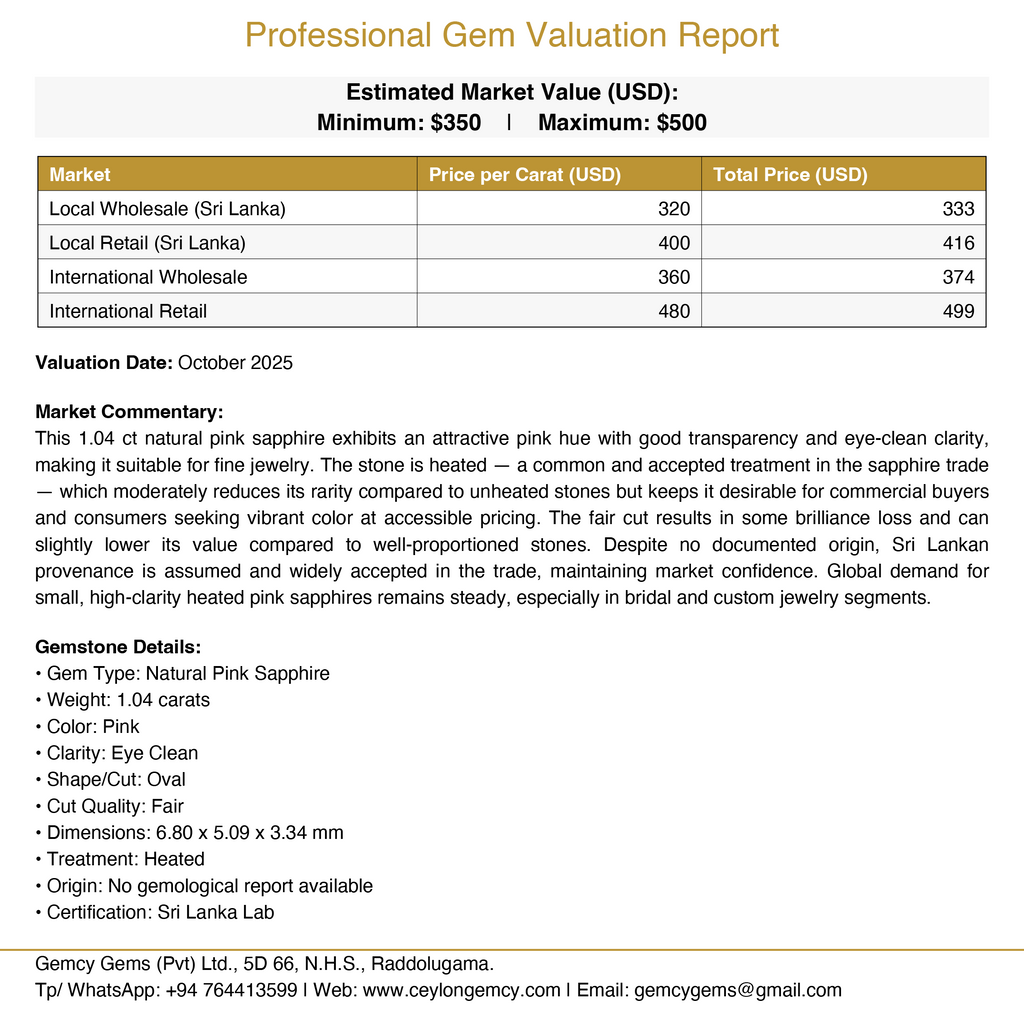 Pink Sapphire (1.04 Ct) - Sri Lanka 💰 - Gemcy Gems