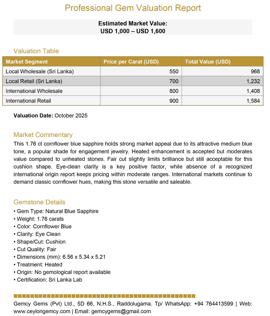 Blue Sapphire  (1.76 Ct) - Sri Lanka 💰 - Gemcy Gems